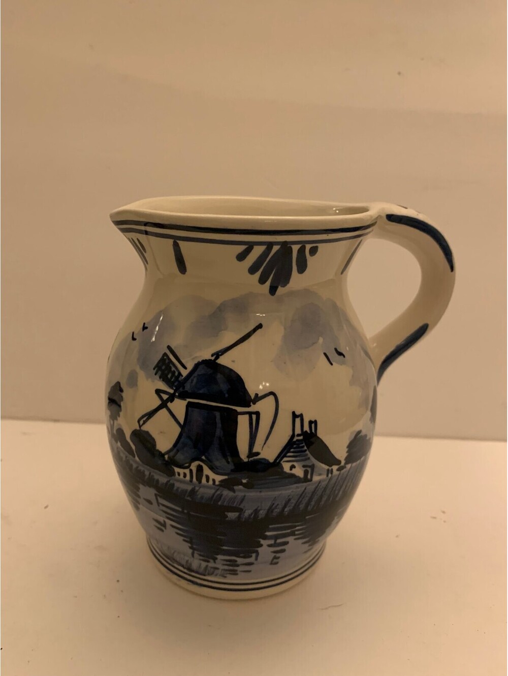 Delft Hand Painted Windmill Ceramic Pitcher #301 Blue White Holland Pottery